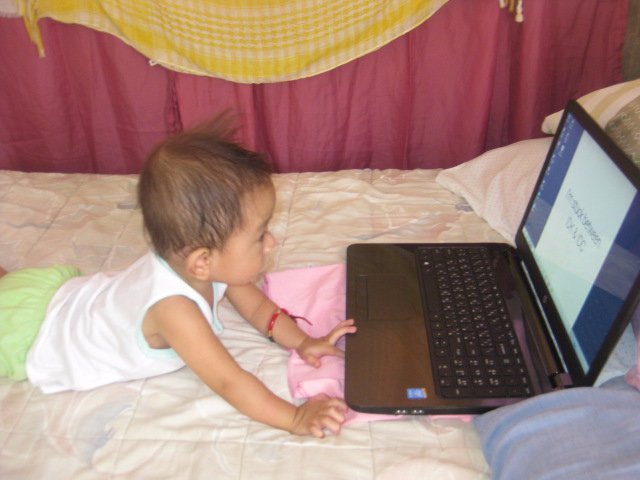 hi, baby, cute, busy, laptop