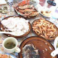 Seafood, fish, shrimps, breakfast, rice, coffee