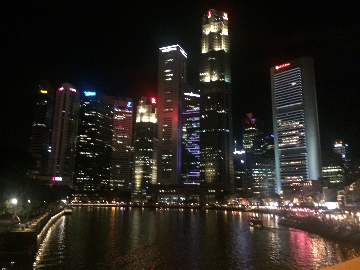 singapore river, night skyline, buildings, city lights