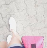 white shoes, pink bag