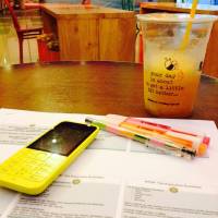 study, time, cellphone, paperworks, ballpens, fruity, mango, juice, perfect