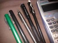 Pensil, eraser, calculator, scissors, ruler, highlight pen, marker