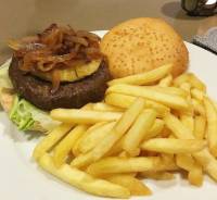 Prepared dinner for mi amore Homemade wagyu Hawaiian burger topped with caramelized onion and some fries