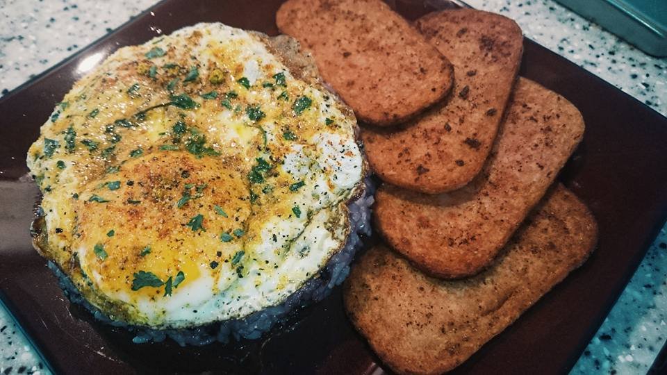 spicy curry spam x black rice x fried egg seasoned with turmeric, cayenne, and parsley