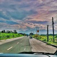 clouds, road, graas, green