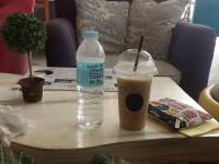 @cafe caw , with groupmates, blueberry cheesecake , milkshake