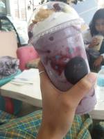 @cafe caw , with groupmates, blueberry cheesecake , milkshake
