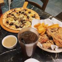 Pizza, chicken , gravy