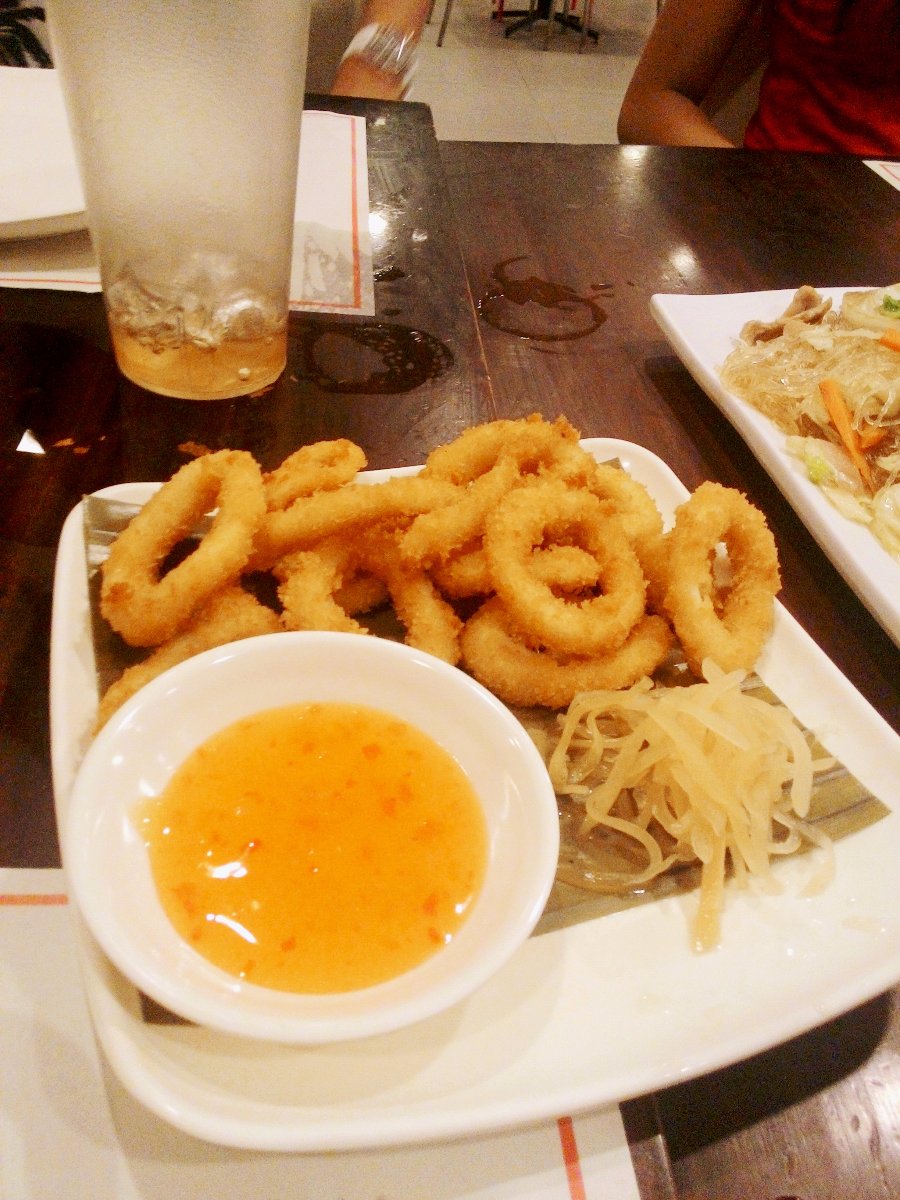 food, is, love, calamares, with, sauce, ice, tea, happy, tummy