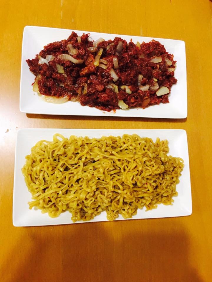 corn beef and pancit cantoon dinner