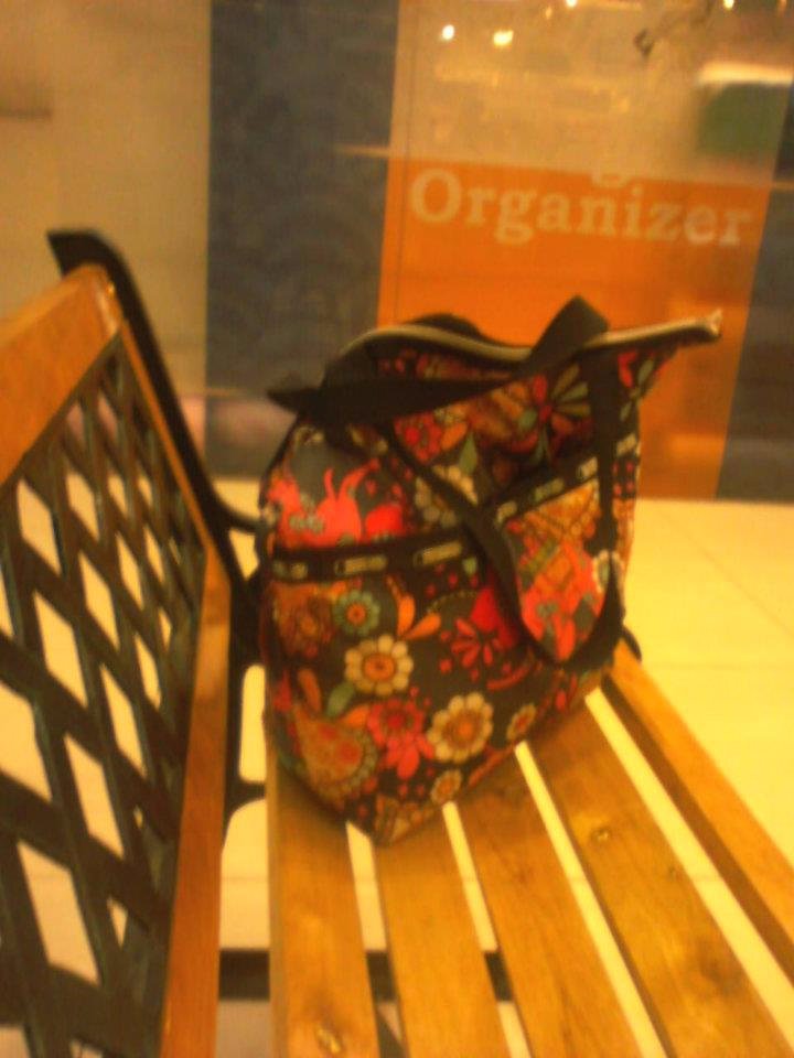 flower designed bag my favorite brown chair waiting haha