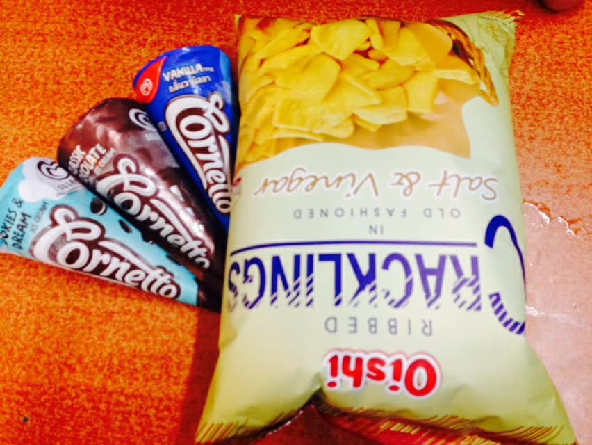 oishi, cracklings, 3cornetto, icecream, cheatday, haha lol