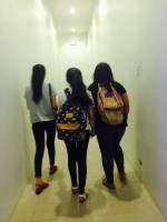squad, girl, friends, standing, waiting, picture, taking