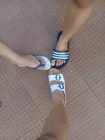 just the three of us sandals slipper like blaaaah white black and blue