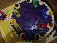 ube, birthday, cake, with, cars, yellow, blue, red, green