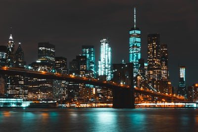 cityscape of brooklyn bridge at night time~ taken with a Nikon D60 and slightly embellished.