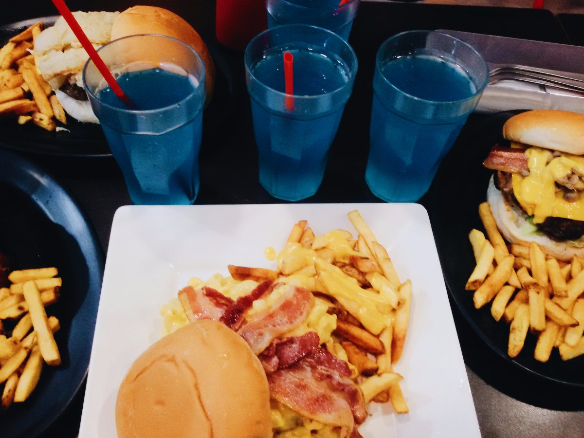 burger, fries and lemonade