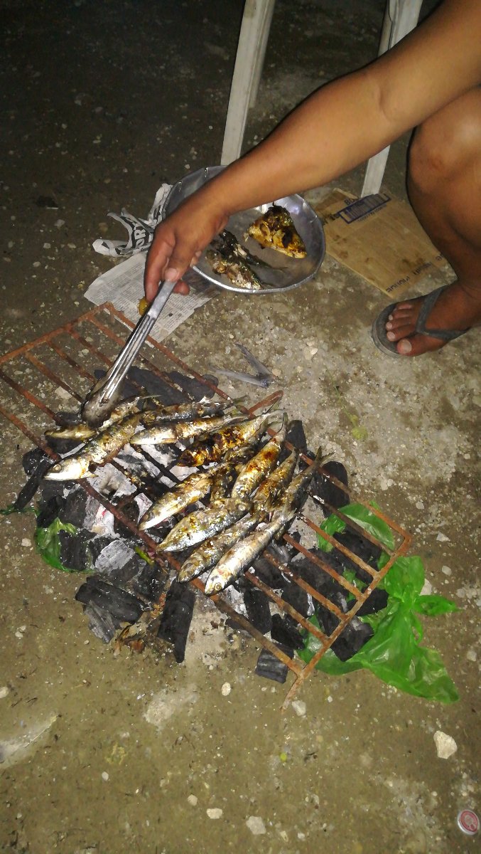 Grilled, fish, smoke, tongs, charcoal, roast, hand