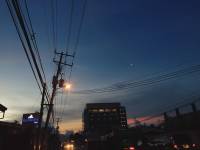 Sunset, electricity cables, silhouette, building