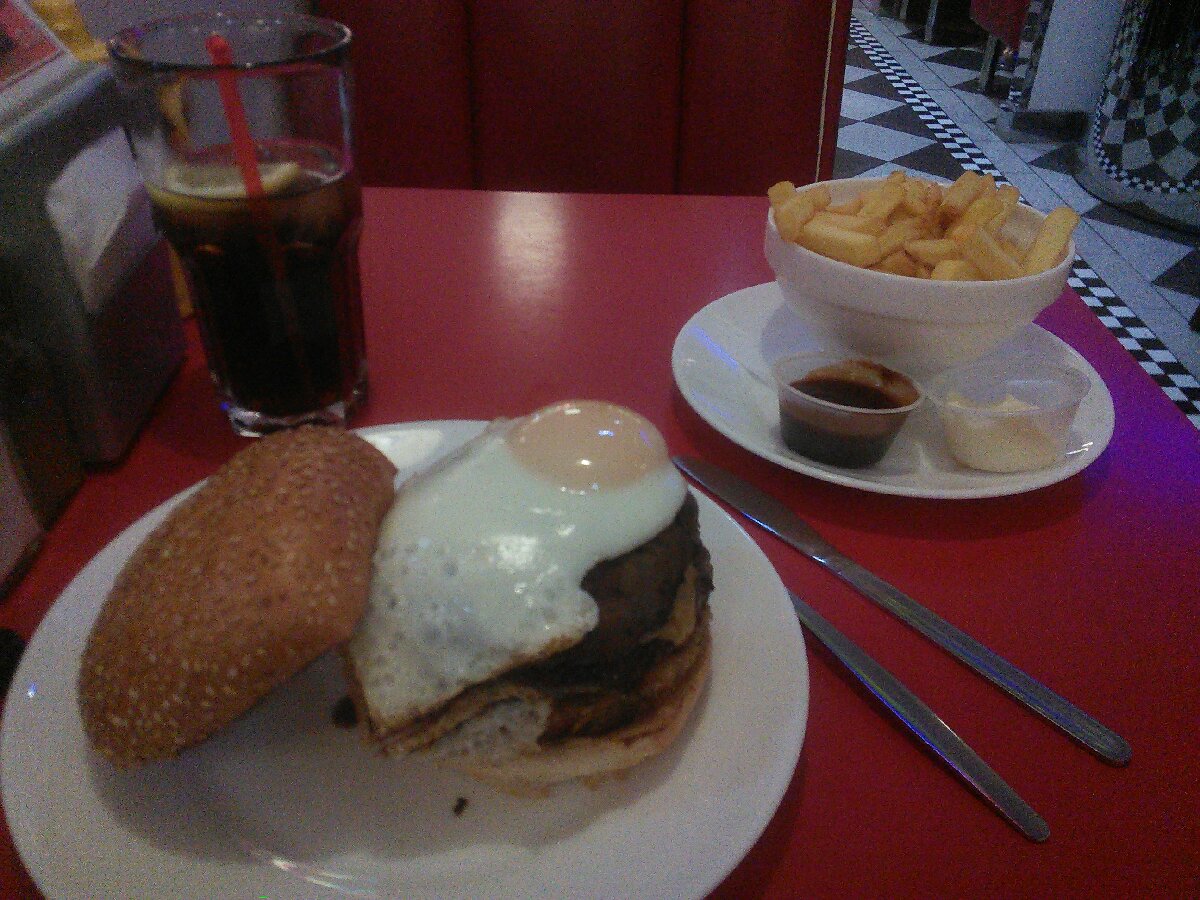 all day breakfast burger with fries and a large coke, marvellous