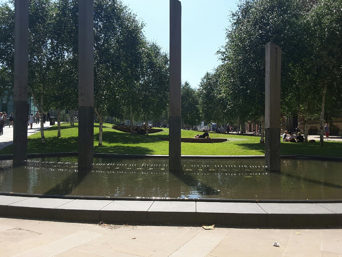 pleasant day in Manchester, outside Chethams school of music, 29 degrees and counting, baking temperatures in the UK