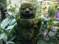 funny looking statue, orchids