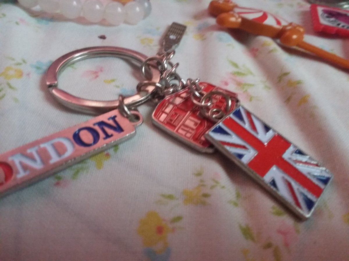 London keychain, bracelet, wallet, coins, flower crown, lovemail stick
