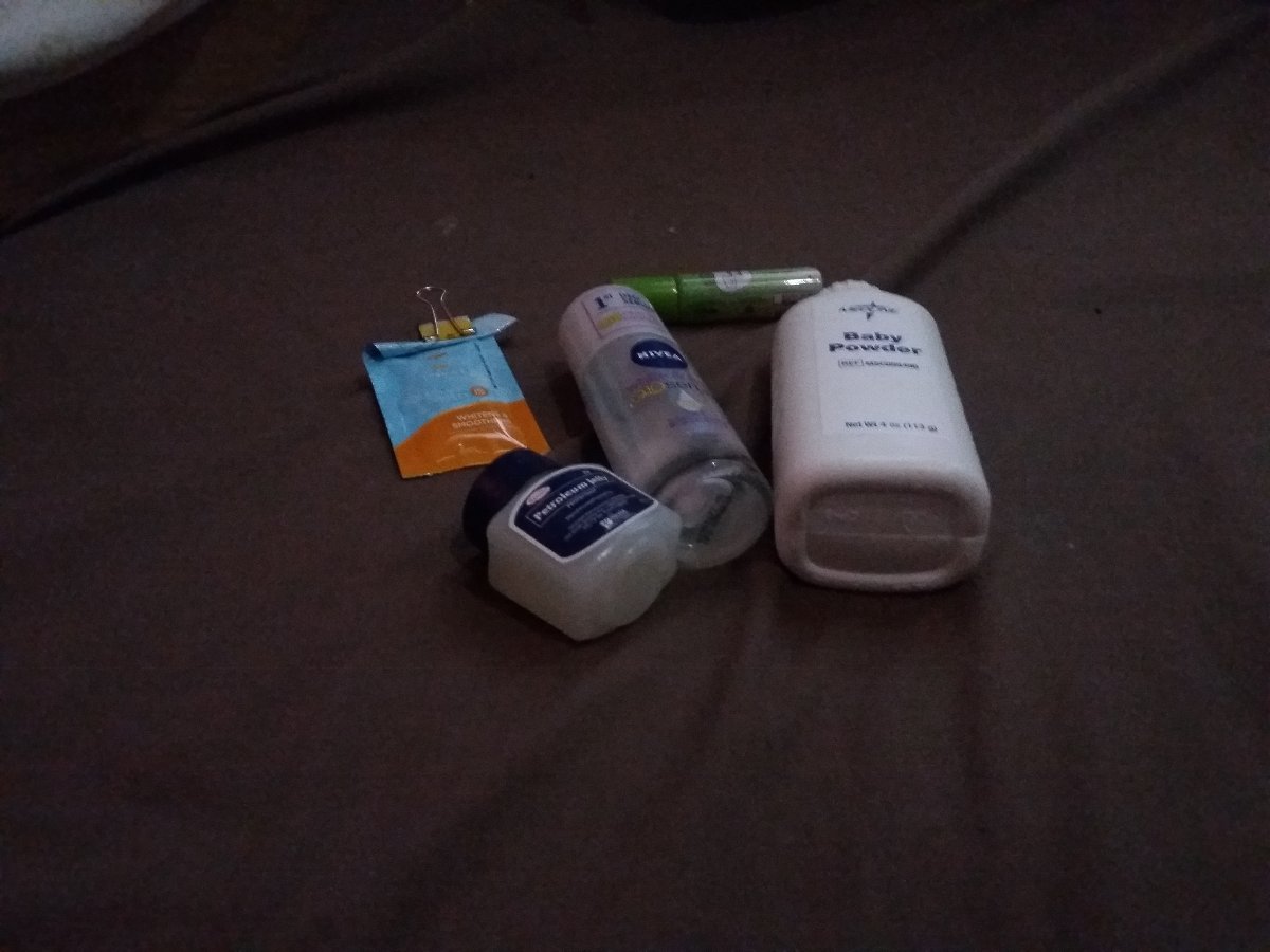 Petroleum jelly, baby powder, nivea, myra e