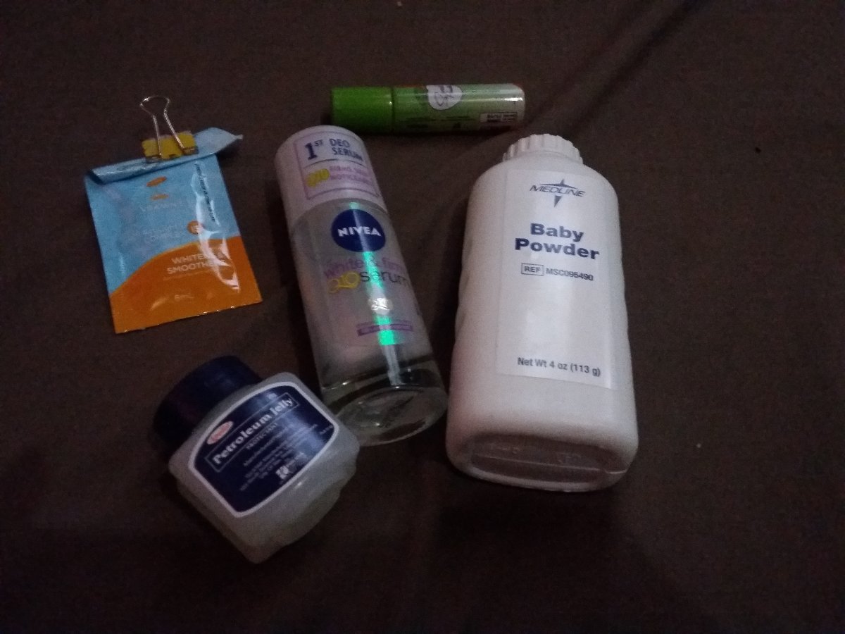Petroleum jelly, baby powder, nivea, myra e