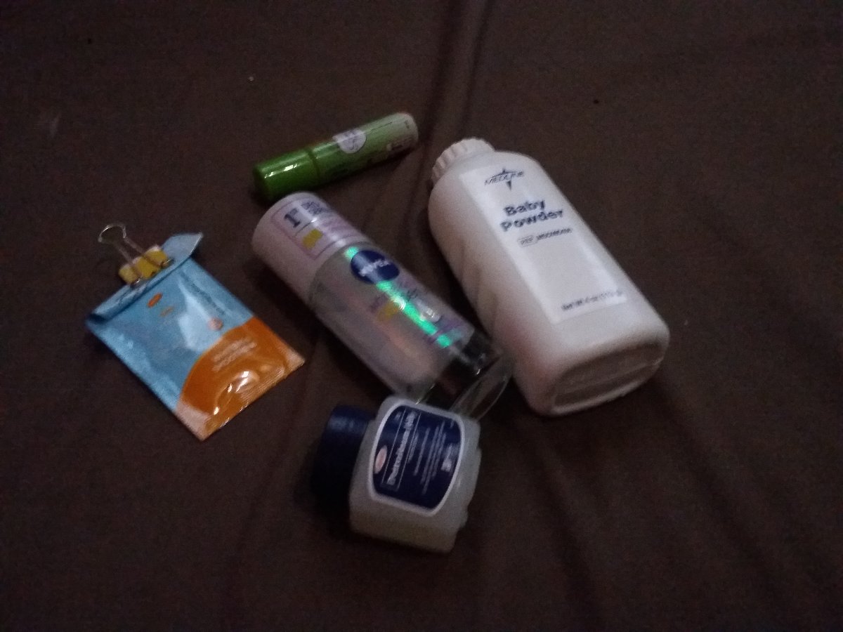 Petroleum jelly, baby powder, nivea, myra e