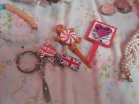 London keychain, bracelet, wallet, coins, flower crown, lovemail stick