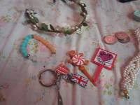 London keychain, bracelet, wallet, coins, flower crown, lovemail stick