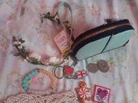 London keychain, bracelet, wallet, coins, flower crown, lovemail stick