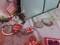 London keychain, bracelet, wallet, coins, flower crown, lovemail stick