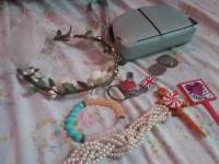 London keychain, bracelet, wallet, coins, flower crown, lovemail stick