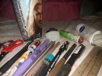Pencils, ballpen, ruler, scissors , petroleum jelly, nivea, avengers