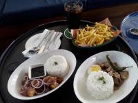 Foods at the park social , fries, adobo paksiw and drinks