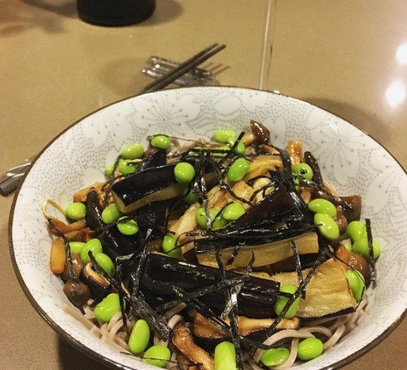 Cooked Japanese tonight cold soba three types of mushrooms in Tamari sake and miso paste eggplant in mirin and sesame oil edamame Serve with wasabi and nori