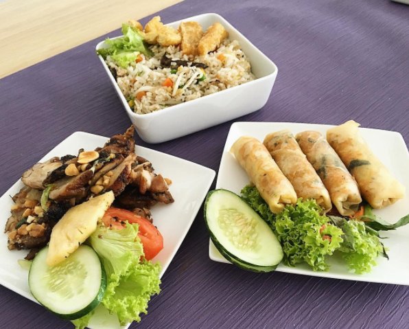 Lemongrass and pineapple marinated grilled chicken spring rolls and veggie rice Now how to finish these