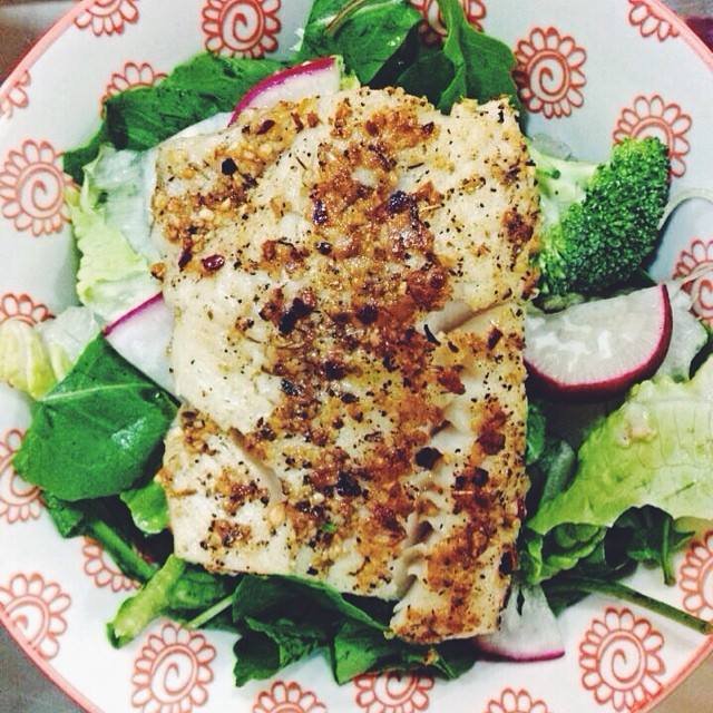 herb crusted halibut, fresh green salad