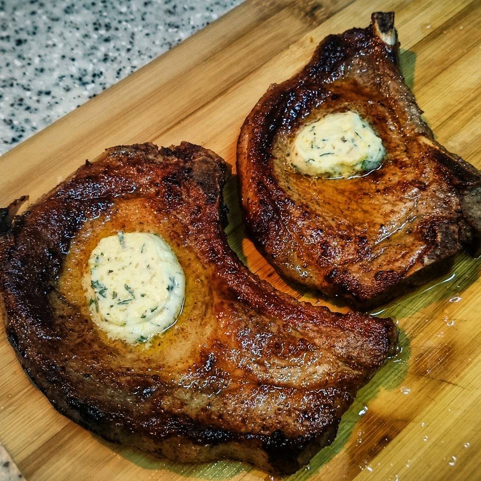 pan seared pork chops x fresh herb butter with lemon zest