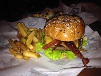 look at the burger , cheese, patty, its mouthwatering, yum