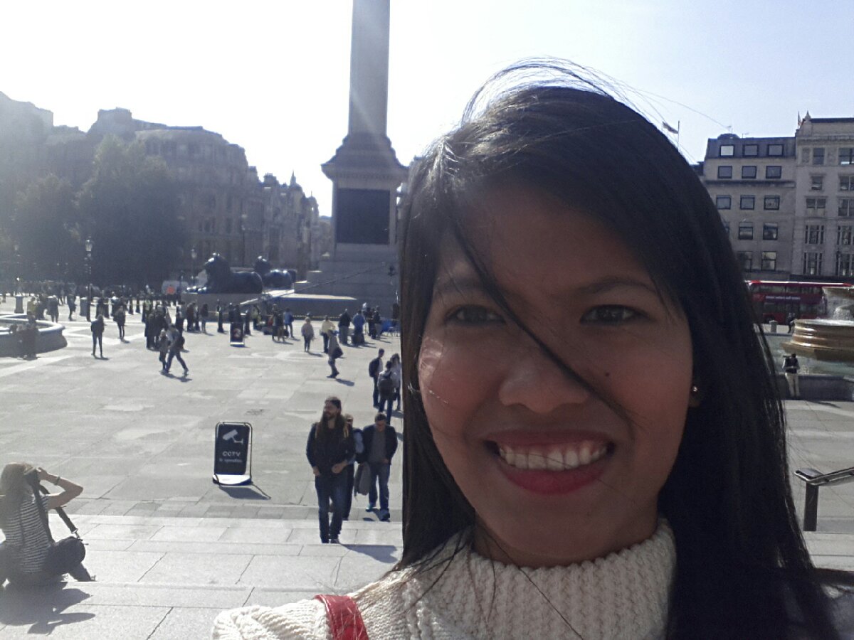Lots of tourists including myself, Trafalgar Square, London, UK
