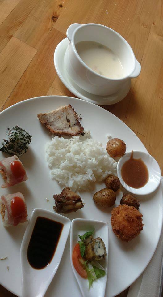 Breakfast, soup, chicken lollipop, sushi, sauce, rice, yummy, delicious food