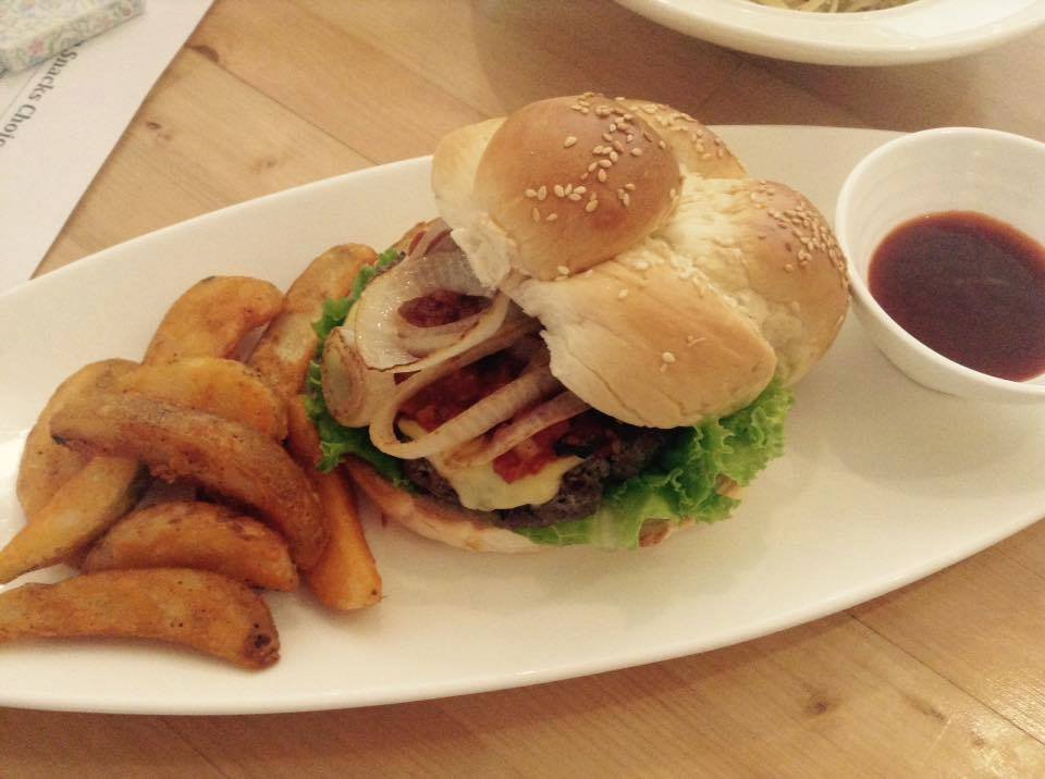 Burger, Fries, Sauce, Lettuce, and veggies