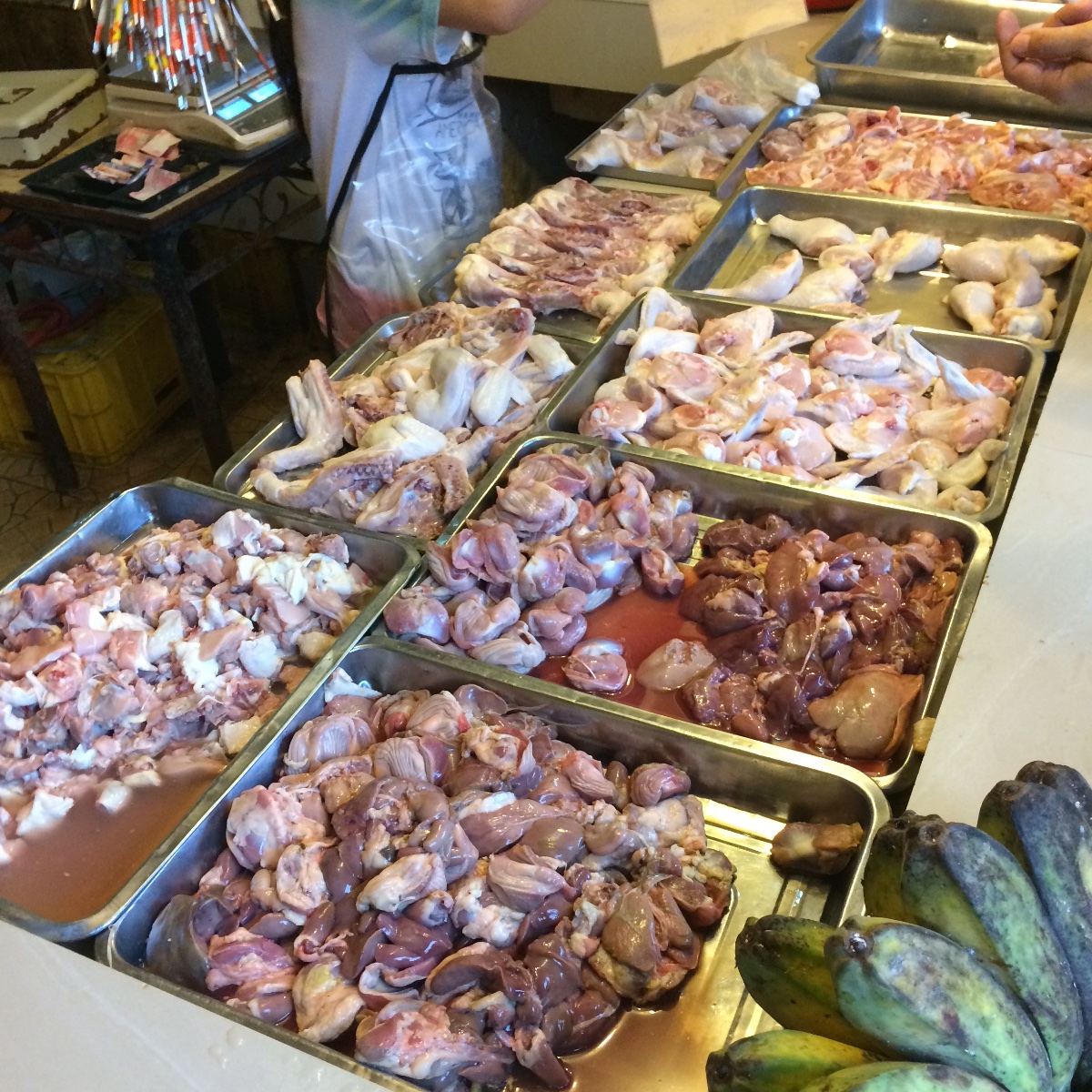 Meat for sale, chicken, pork, liver, gizard, at the mercado