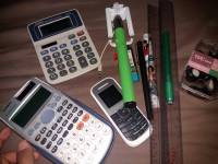Casio and aurora calculator, samsung keystone, 2 rulers , monopod, ballpen, sharpener, tpu band